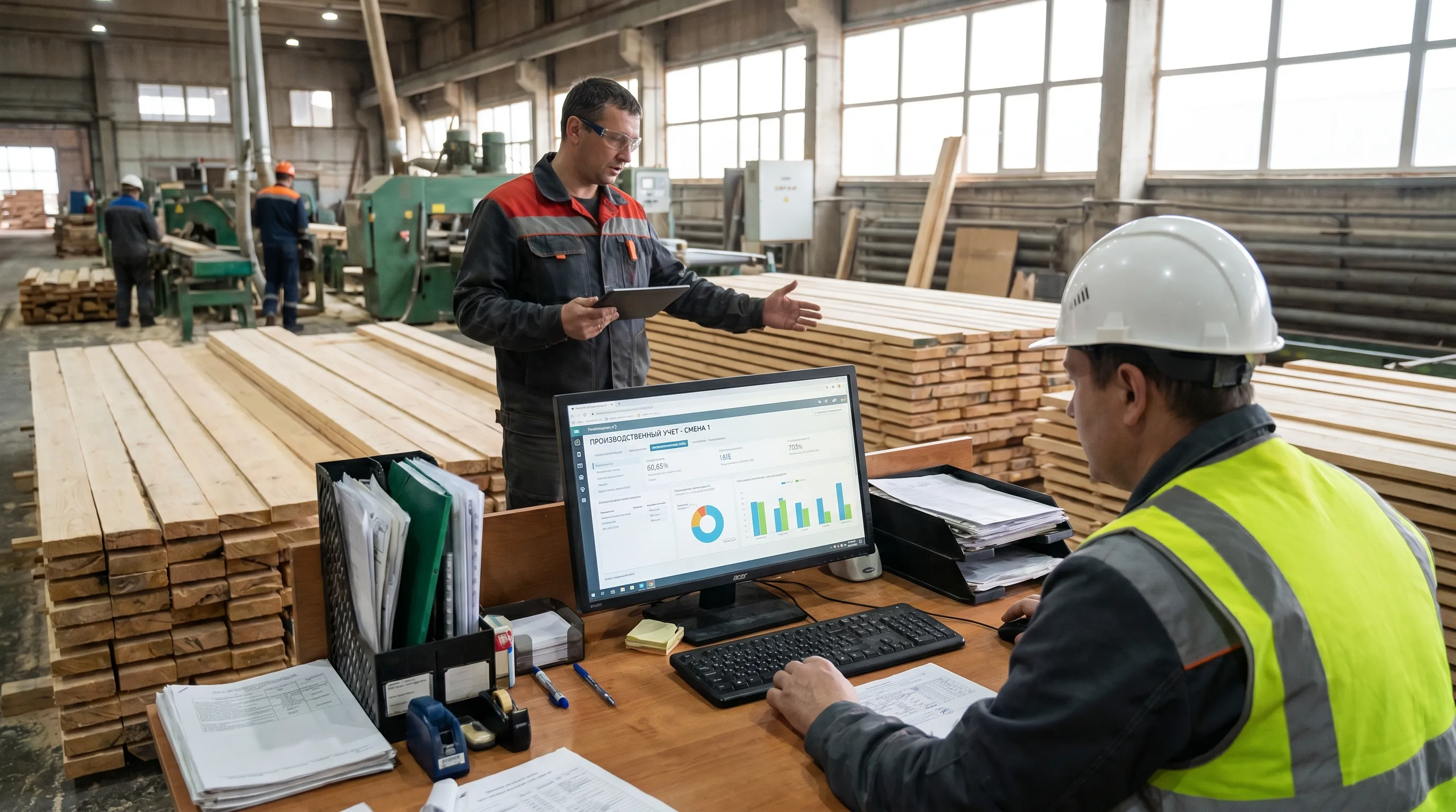 Два рабочих места на лесопилке: руководитель за компьютером с системой учёта производства, мастер смены с планшетом