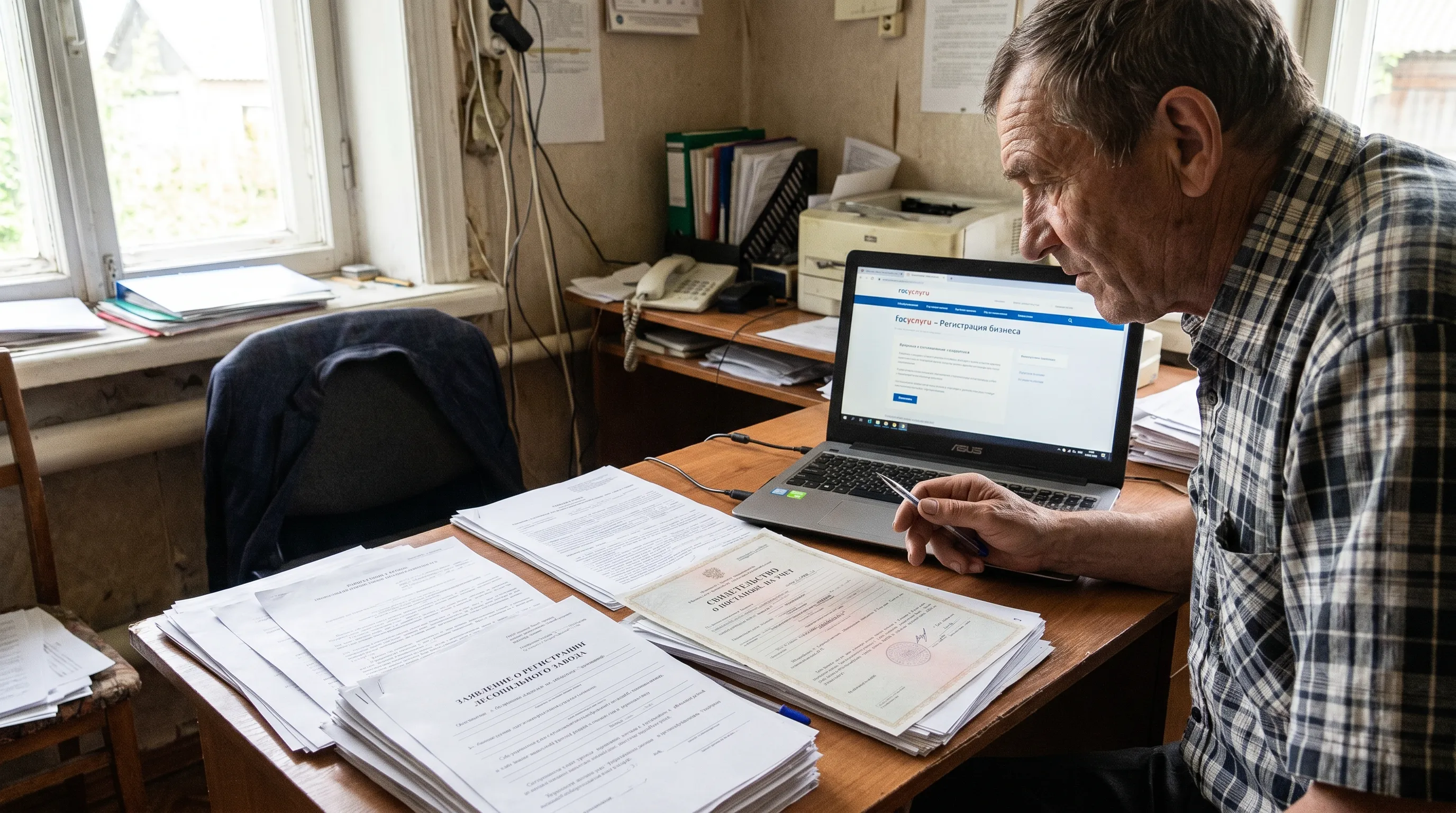 Предприниматель оформляет регистрацию пилорамы — документы ИП и выбор ОКВЭД на столе в офисе