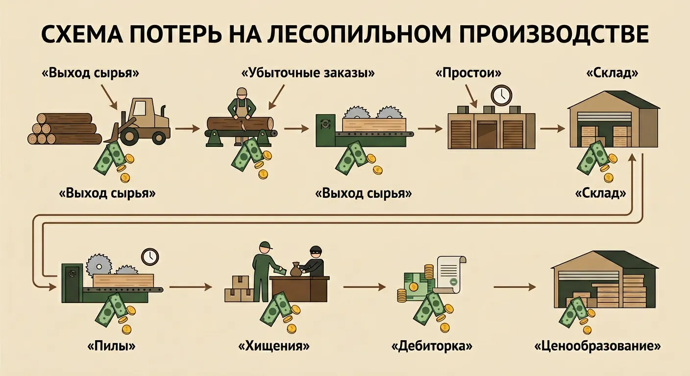 Схема скрытых потерь на лесопилке: восемь источников утечки прибыли