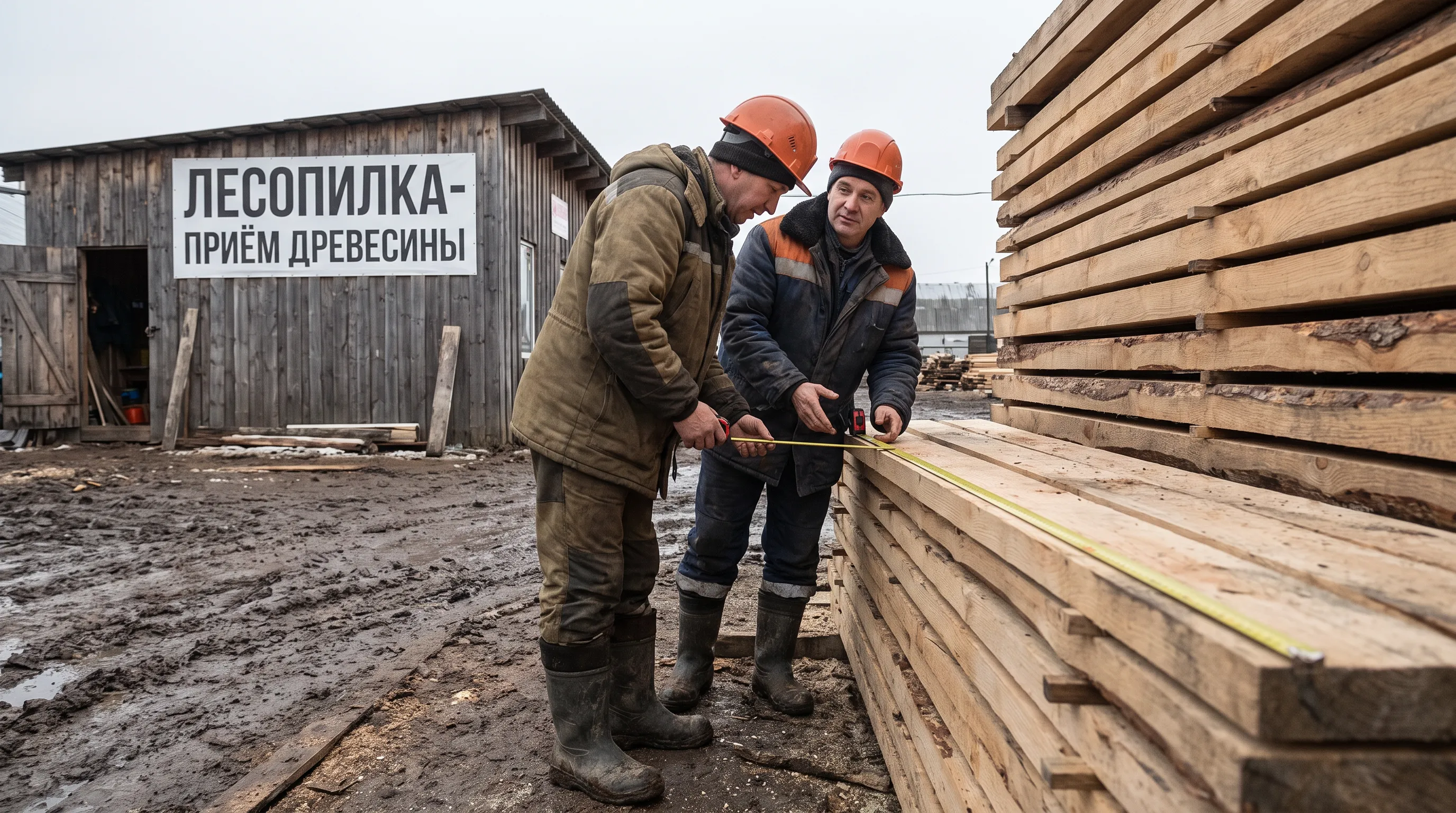 Бригадир и рабочий обсуждают объём выработки у штабеля досок в конце смены