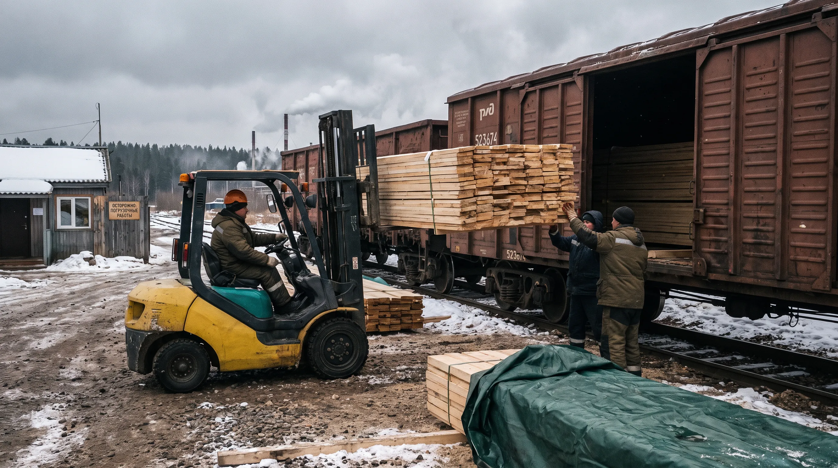 Погрузка пакетов пиломатериала в железнодорожный вагон на площадке сибирской лесопилки