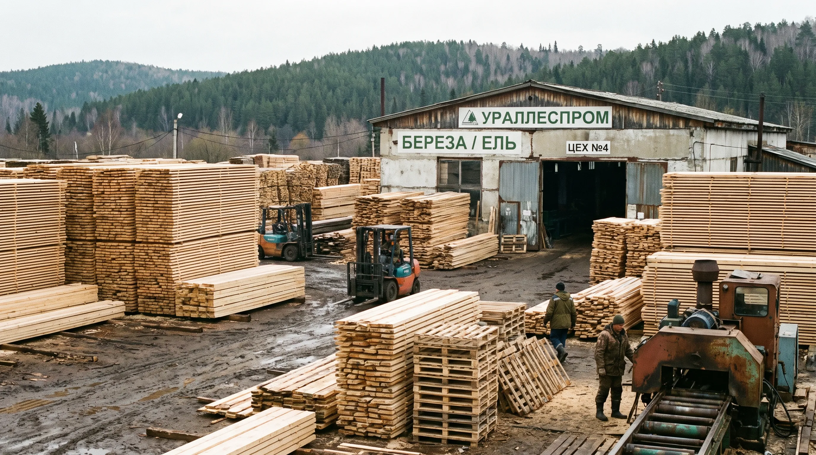 Пилорама в Пермском крае — штабеля пиломатериала и отгрузка тарной продукции промышленному заказчику