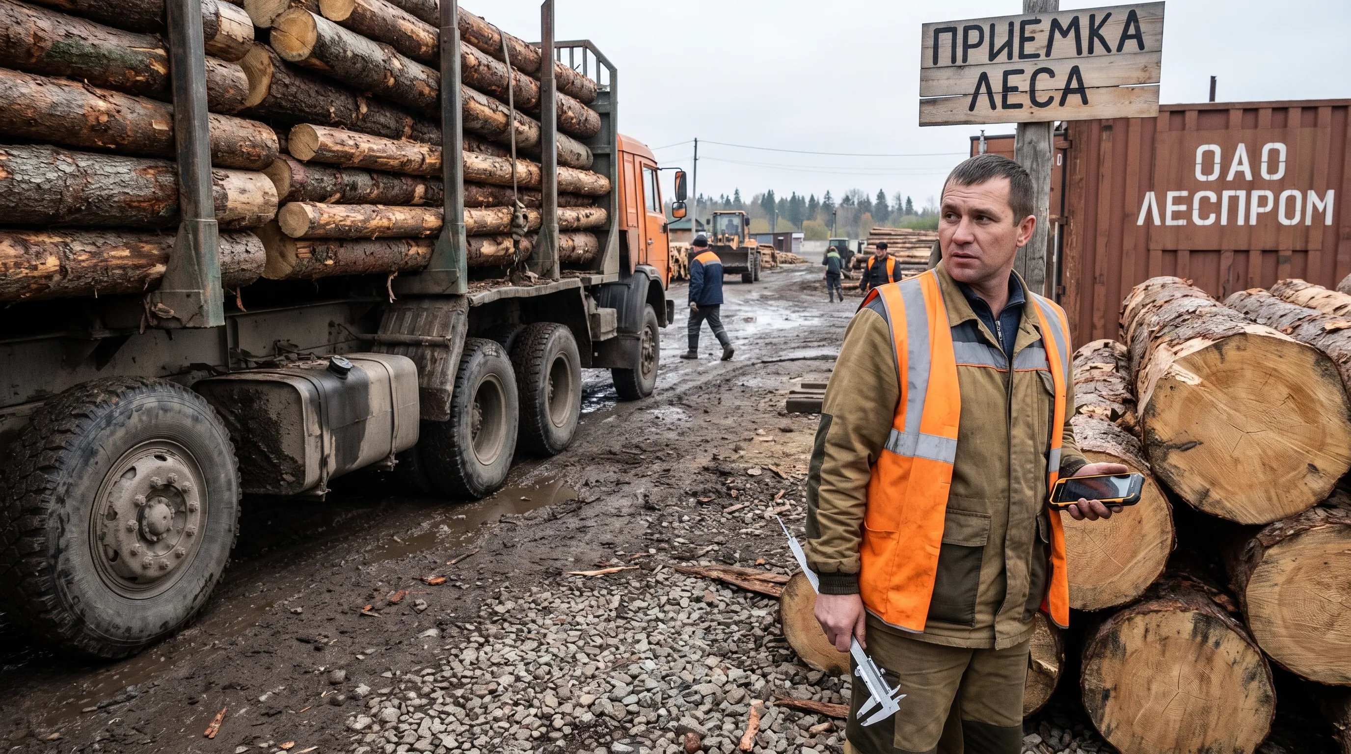 Приёмщик обмеряет круглый лес на лесовозе и заносит данные в мобильное приложение