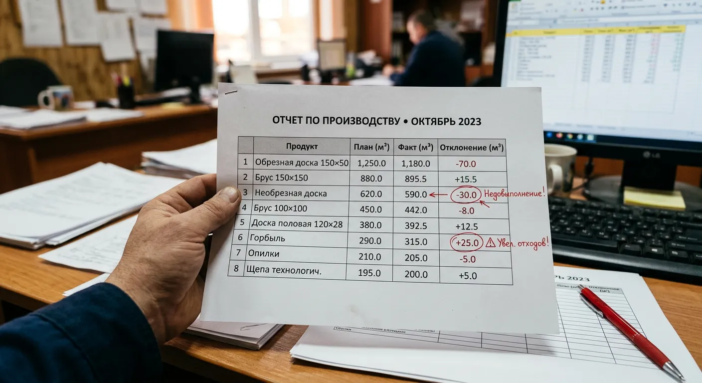 Директор лесопилки читает производственный отчёт за месяц — таблицы показателей и графики