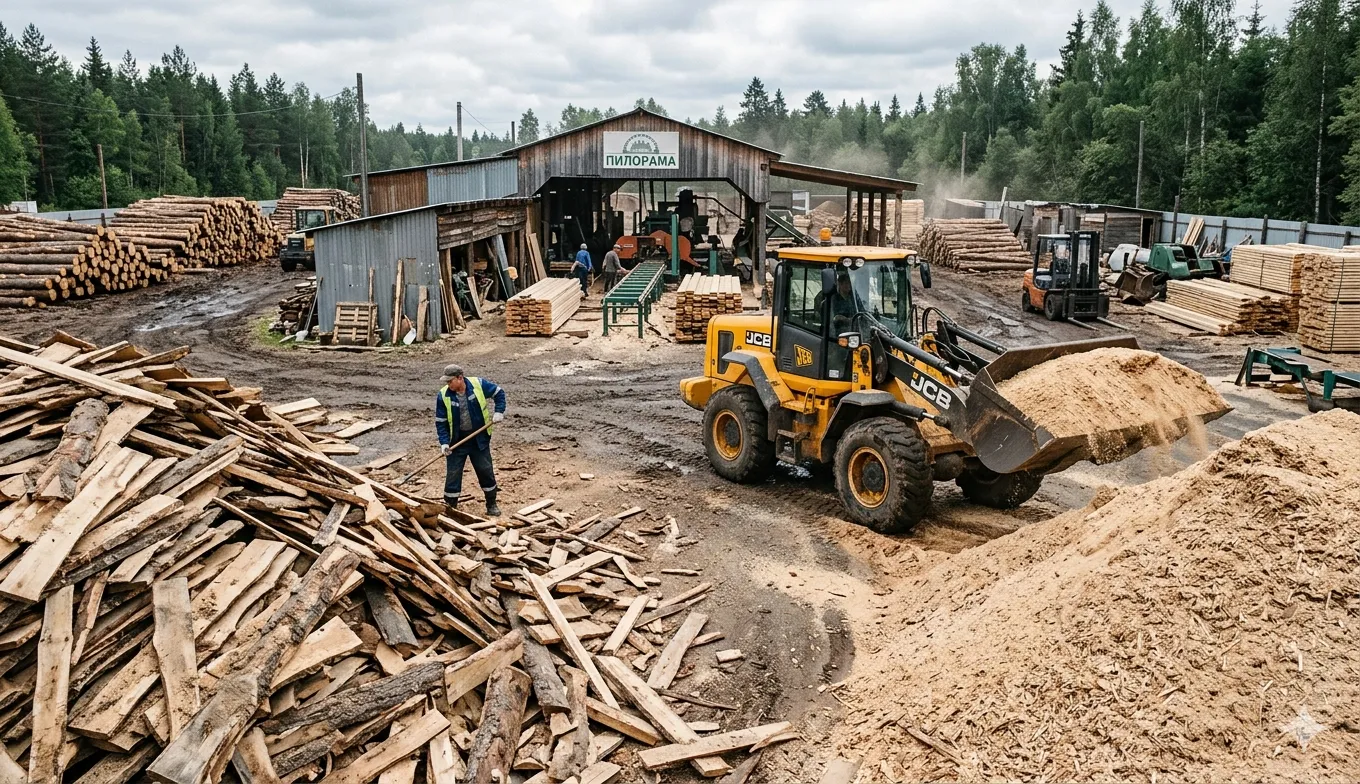Переработка отходов лесопиления — горбыль и опилки на пилораме