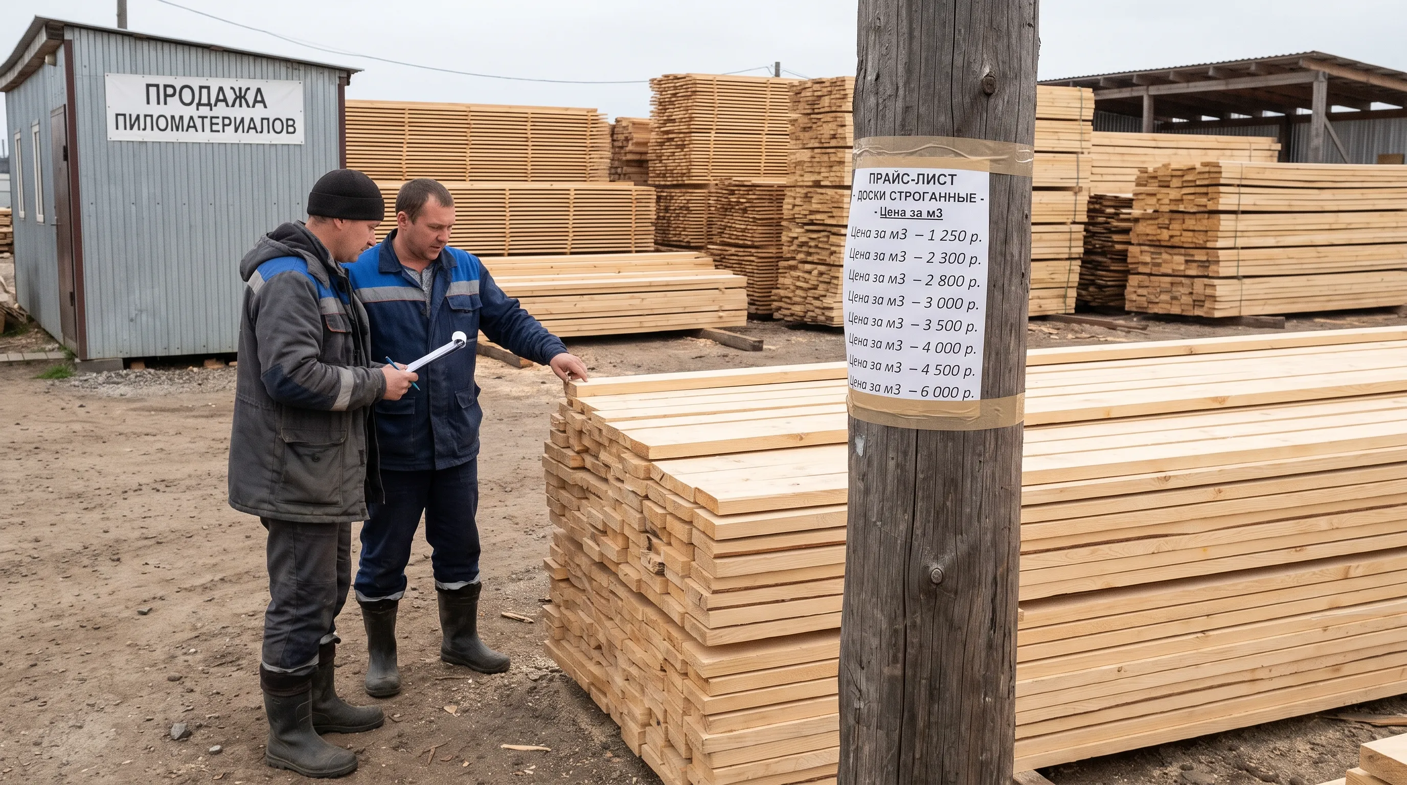 Обрезные доски в штабеле на площадке пилорамы, покупатель выбирает пиломатериал поштучно