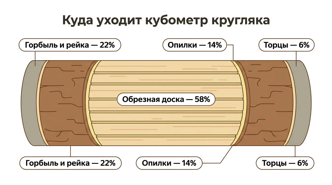 Схема распределения потерь при распиловке бревна: доска, горбыль, опилки, торцы