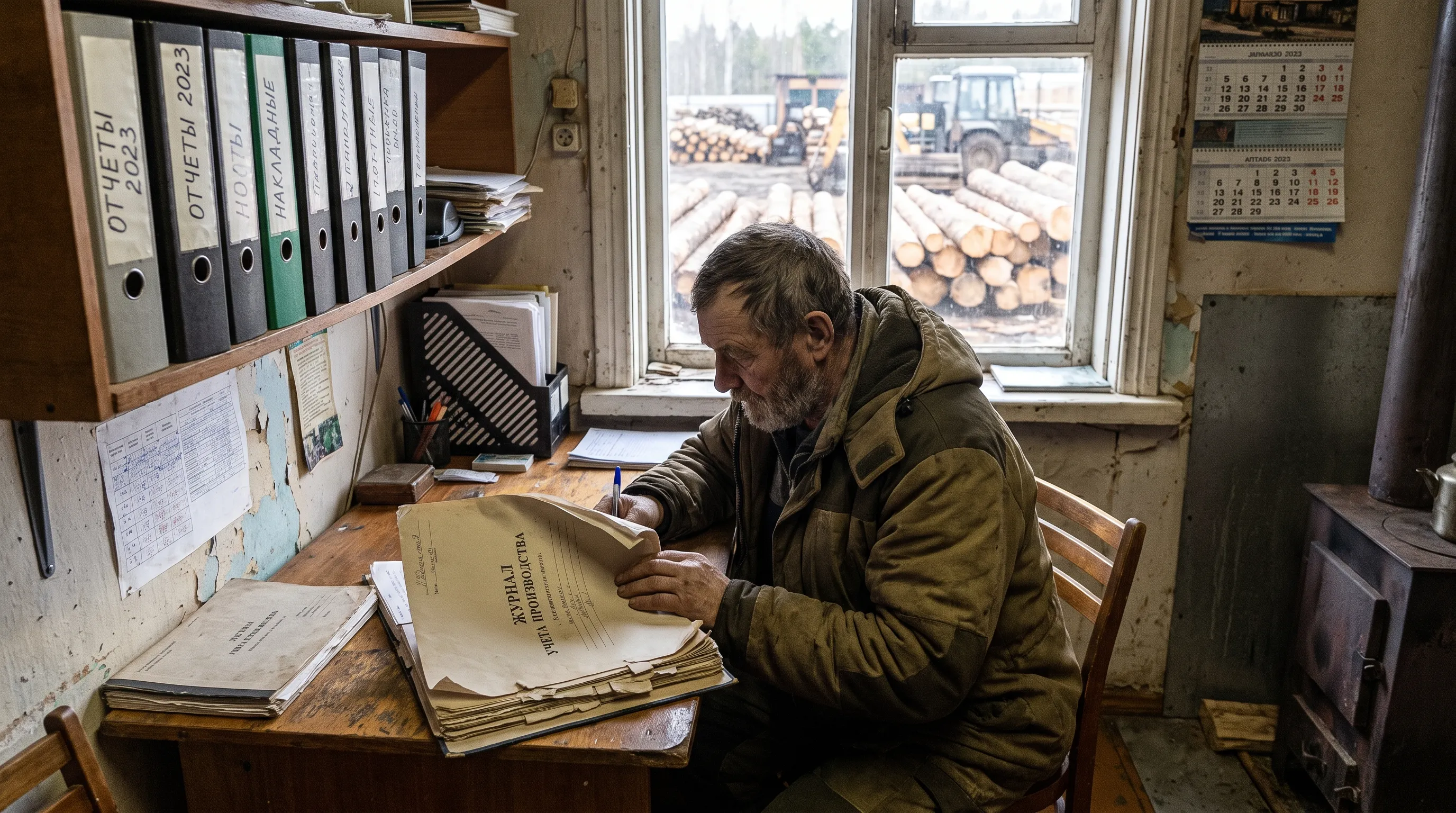 Мастер лесопилки заполняет производственный журнал в конторе, рядом папки с накладными