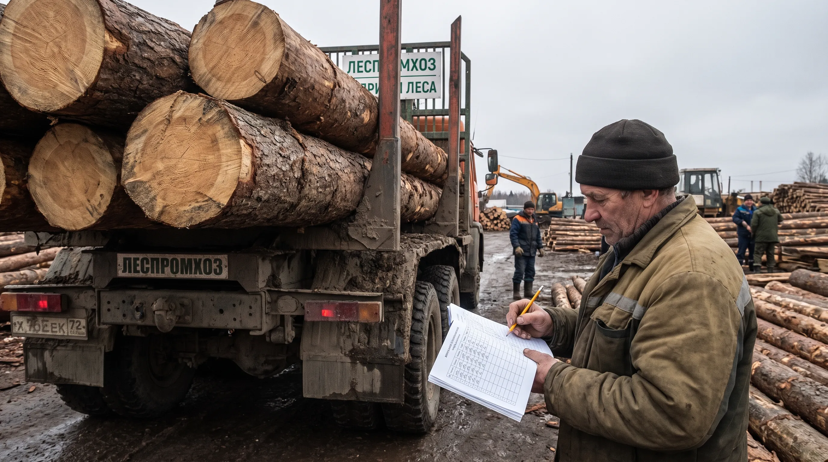 Приёмщик заполняет ведомость обмера у лесовоза на площадке пилорамы